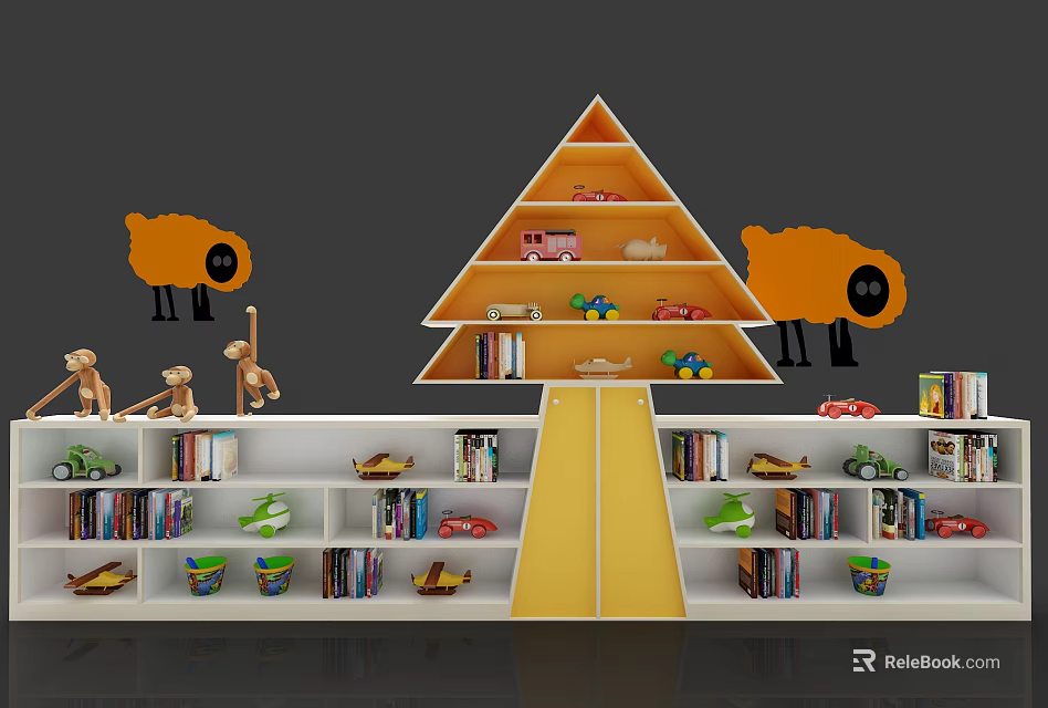 Kids Tree Shaped Bookcase In Yellow White Design With Books Toys And Animal Figurines 3d model 