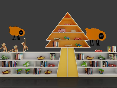 Kids Tree Shaped Bookcase In Yellow White Design With Books Toys And Animal Figurines 3d model