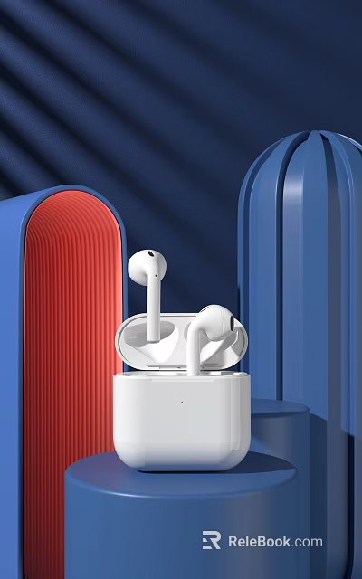 White Wireless Earbuds In Charging Case With Colorful Geometric Background 3d model