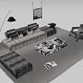 Modern Beige and Black Sofa Coffee Table Combination With Patterned Top Floor Lamp Armchair and Magazines in Living Room