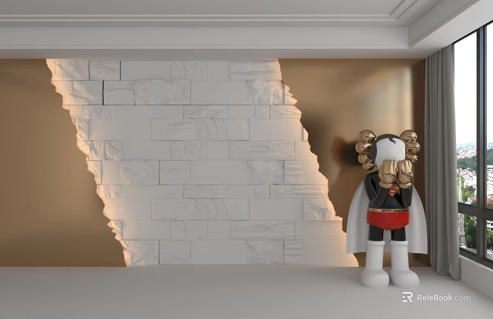 White Stone Textured Background Wall With Gold Accent And Decorative Figurine 3d model 