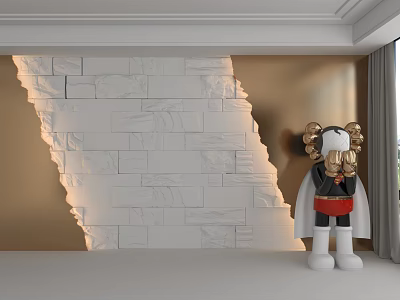 White Stone Textured Background Wall With Gold Accent And Decorative Figurine 3d model