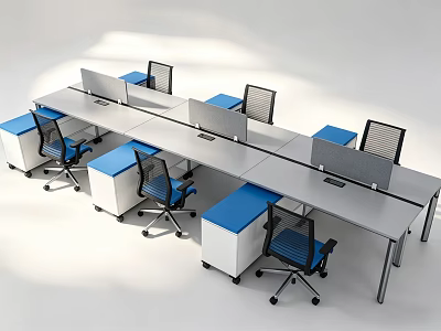 Modern Office Desks Setup With Blue Chairs Dividers And Storage Units 3d model