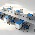 Modern Office Desks Setup With Blue Chairs Dividers And Storage Units