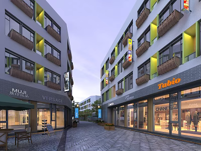 Modern Pedestrian Commercial Street With Shops Balconies Store Signs And Stone Pavement 3d model