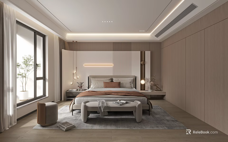 Modern Bedroom Interior Design With Bed LED Strip Light Bench Large Window Plants Wooden Floor 3d model 