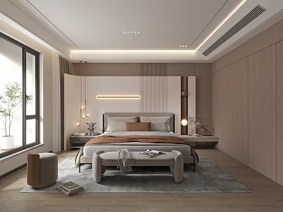 Modern Bedroom Interior Design With Bed LED Strip Light Bench Large Window Plants Wooden Floor 3d model