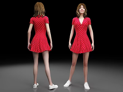 Woman Wearing Red Polka Dot Short Sleeve Dress with White Shoes Front Back View 3d model