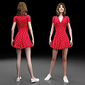 Woman Wearing Red Polka Dot Short Sleeve Dress with White Shoes Front Back View