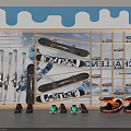 Organized Sports Equipment Display with Skis Snowboards and Snow Boots on Wooden Shelves with Blue Decor