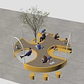 People Sitting On Yellow Curved Platform With Central Tree Reading And Using Devices 3d model