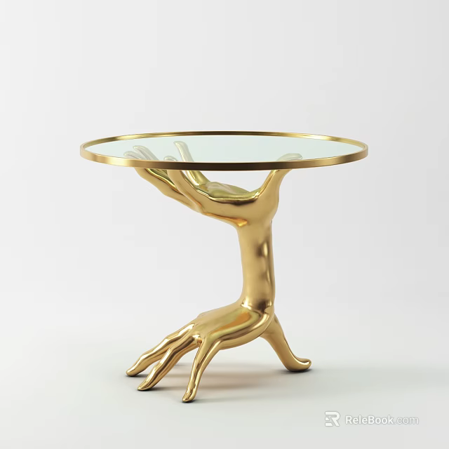 Golden Coffee Table With Artistic Hand Shaped Base And Glass Top 3d model 