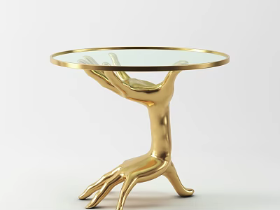Golden Coffee Table With Artistic Hand Shaped Base And Glass Top 3d model