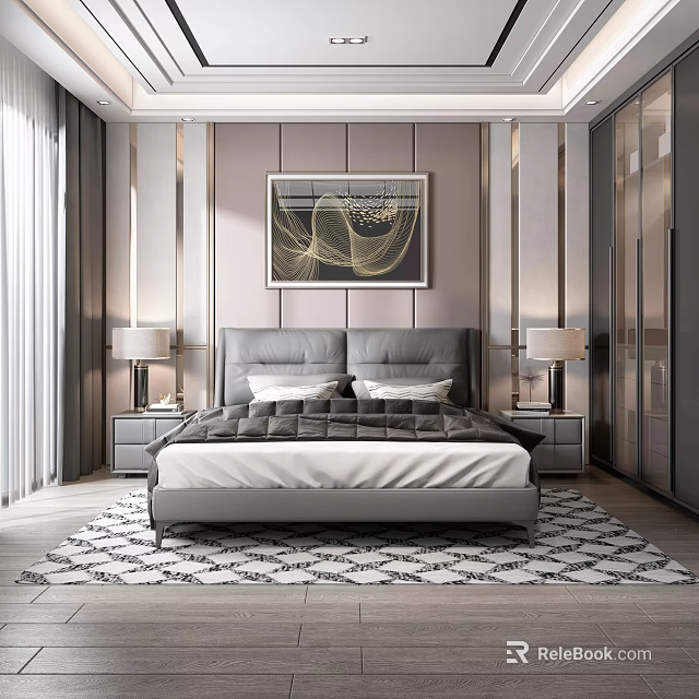 Modern Bedroom Interior With Gray Bed Nightstands Table Lamps Wall Art And Patterned Rug 3d model 