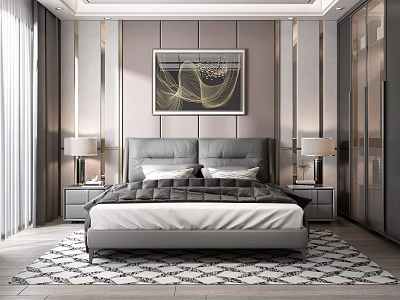Modern Bedroom Interior With Gray Bed Nightstands Table Lamps Wall Art And Patterned Rug 3d model