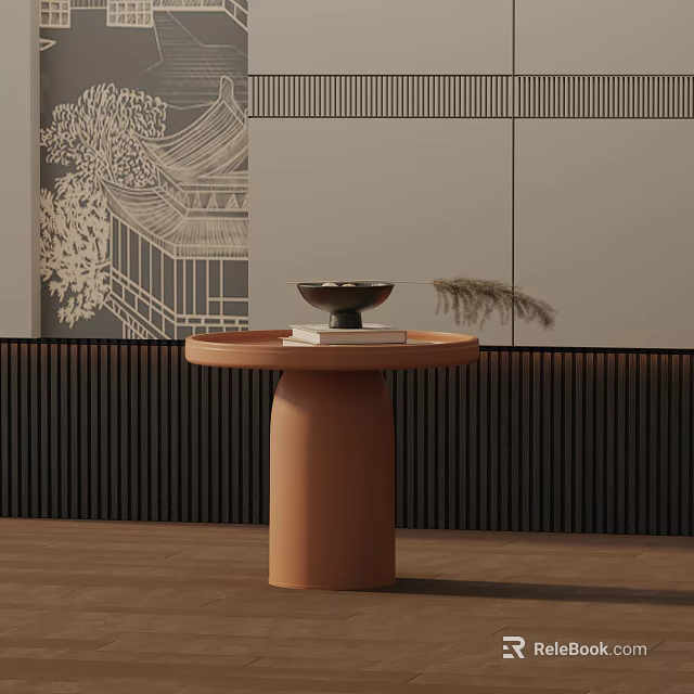 Round Orange Side Table Featuring Black Bowl and Feather with Japanese Screen and Wooden Floor 3d model 