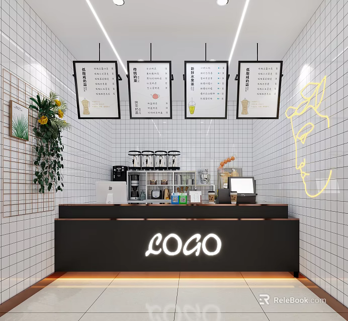 Modern Bubble Tea Shop Interior With Logo Counter Menu Boards Neon Lights And Green Plants 3d model 