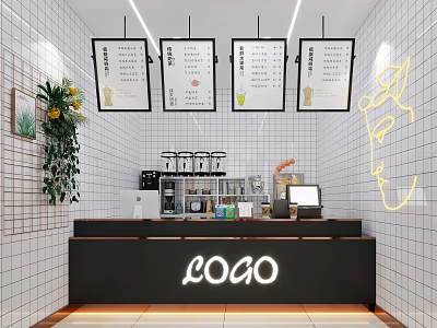 Modern Bubble Tea Shop Interior With Logo Counter Menu Boards Neon Lights And Green Plants 3d model