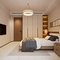 Modern Bedroom Interior With Wooden Wardrobes Pendant Light Bed Nightstands And Floor To Ceiling Windows