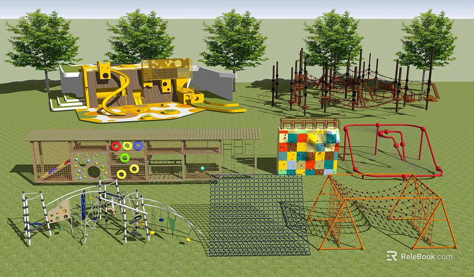 Various Outdoor Playground Equipment With Climbing Structures Slides And Colorful Elements 3d model