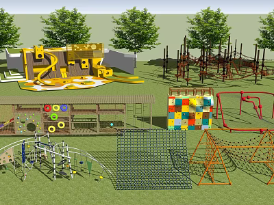 Various Outdoor Playground Equipment With Climbing Structures Slides And Colorful Elements 3d model