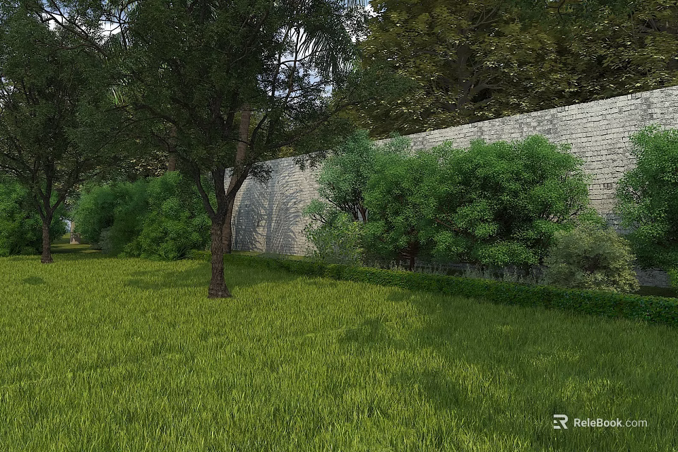 Garden Landscape With Lush Green Grass Tall Trees Stone Wall And Bushes 3d model 