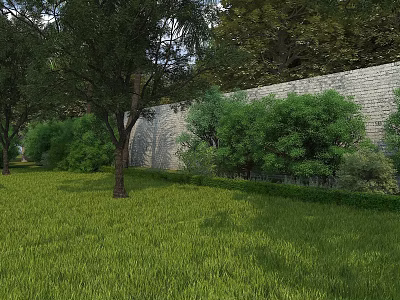 Garden Landscape With Lush Green Grass Tall Trees Stone Wall And Bushes 3d model