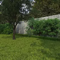 Garden Landscape With Lush Green Grass Tall Trees Stone Wall And Bushes