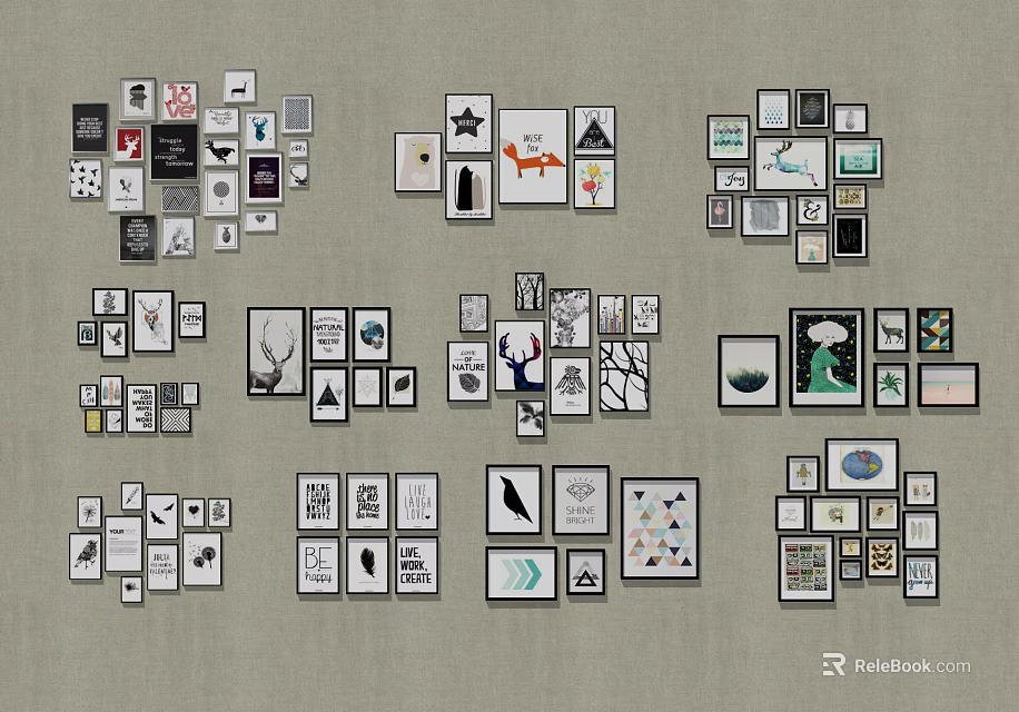 Diverse Style Wall Art Pieces With Mixed Frames In Collage 3d model