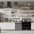 Dinnerware Set Display In Modern Kitchen With Cabinets Shelves And Cookware 3d model