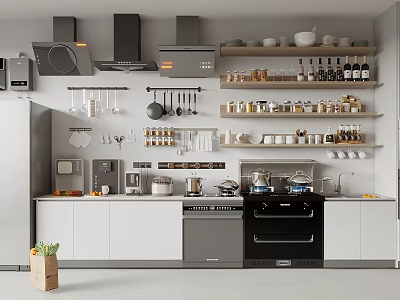 Dinnerware Set Display In Modern Kitchen With Cabinets Shelves And Cookware 3d model
