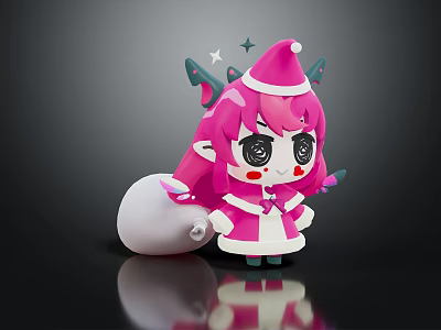 Cute Cartoon Girl With Pink Hair Antlers Santa Hat And White Gift Bag 3d model