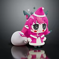 Cute Cartoon Girl With Pink Hair Antlers Santa Hat And White Gift Bag