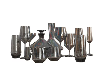 Elegant Glass Wine Bottles and Stemmed Wine Glasses Collection for Dining Table 3d model