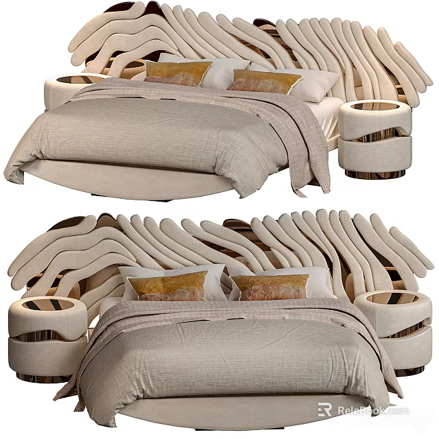 Modern Double Bed With Wavy Headboard Beige Bedding Pillows And Bedside Tables 3d model 