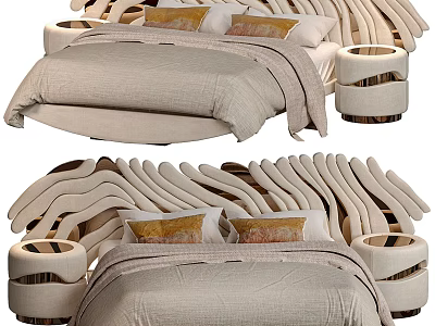 Modern Double Bed With Wavy Headboard Beige Bedding Pillows And Bedside Tables 3d model