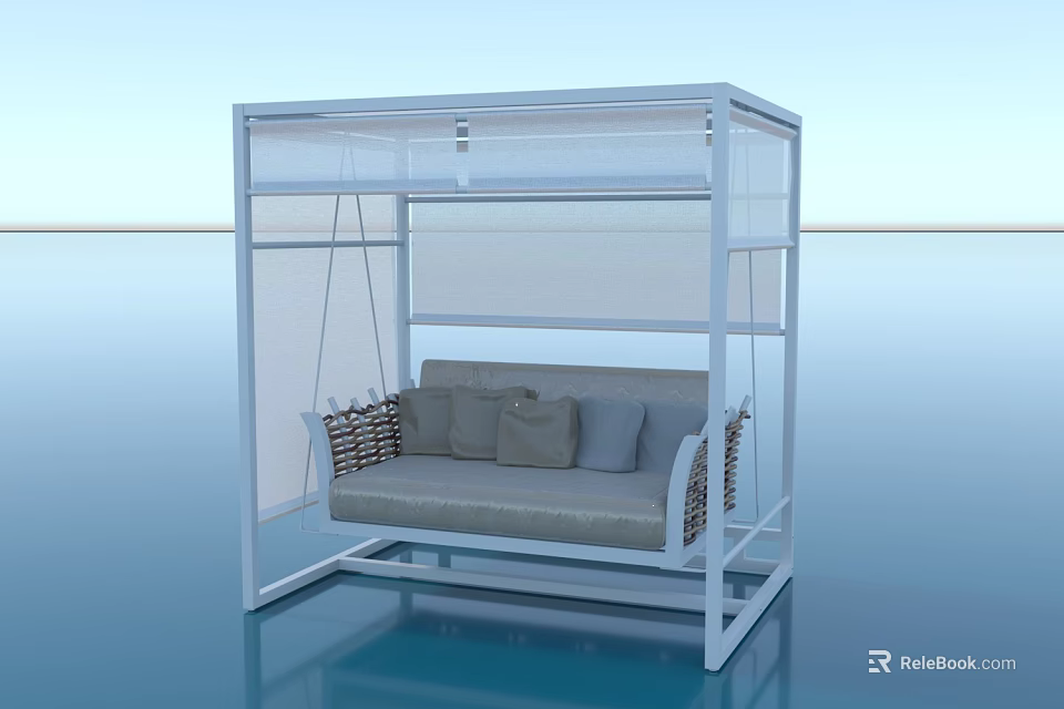 Modern White Frame Swing Chair With Canopy Structure And Soft Gray Cushioned Pillows 3d model 