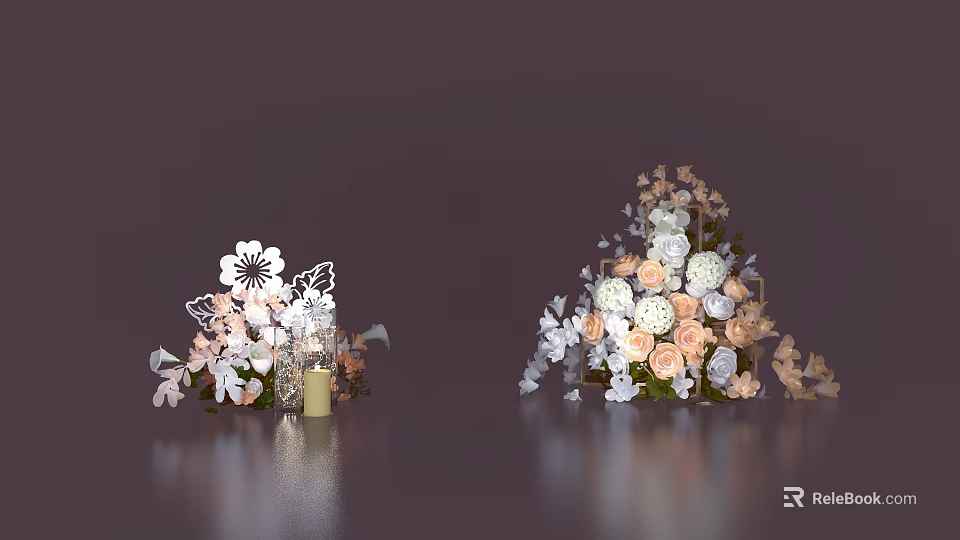 Elegant Floral Display With Pink White Flowers Green Leaves Butterfly Decorations And Candles 3d model 