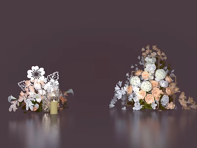 Elegant Floral Display With Pink White Flowers Green Leaves Butterfly Decorations And Candles 3d model