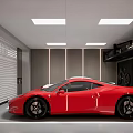 Luxury Garage Interior With White And Red Sports Cars Ceiling Lights And Wall Storage