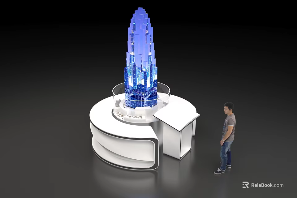 Blue Illuminated Tower Structure On Circular White Platform With Person Standing 3d model