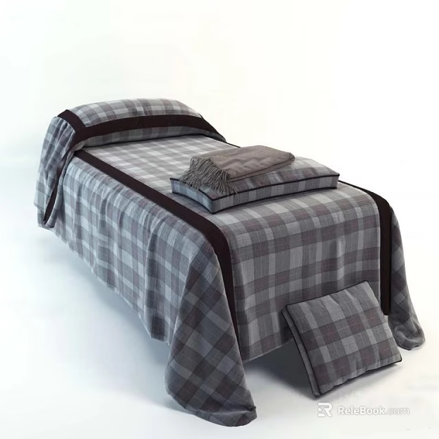 Massage Bed With Gray Plaid Bedspread Folded Towel And Matching Pillow 3d model 