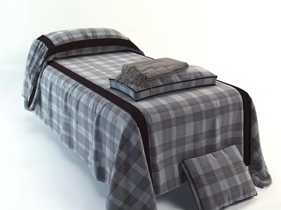 Massage Bed With Gray Plaid Bedspread Folded Towel And Matching Pillow 3d model