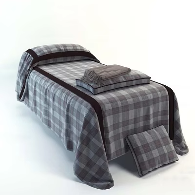 Massage Bed With Gray Plaid Bedspread Folded Towel And Matching Pillow 3d model