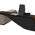 Modern Office Desk With Sleek Black Walnut Wood Finish Unique Curved Shape And Ergonomic Chair