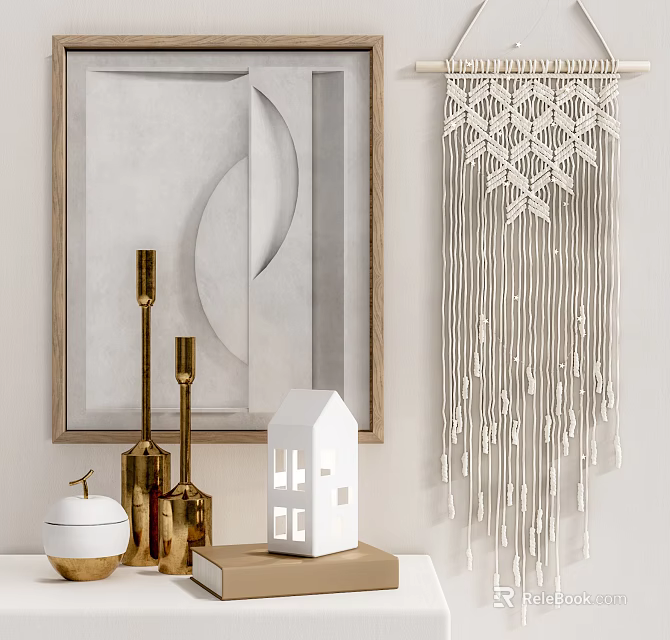 Ornamental Decorative Set With Geometric Wall Art Macramé Hanging And Gold Candle Holders 3d model 