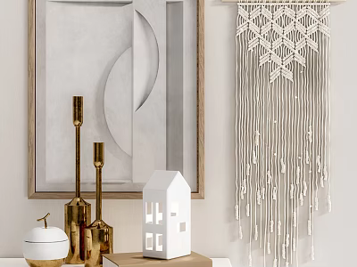 Ornamental Decorative Set With Geometric Wall Art Macramé Hanging And Gold Candle Holders 3d model