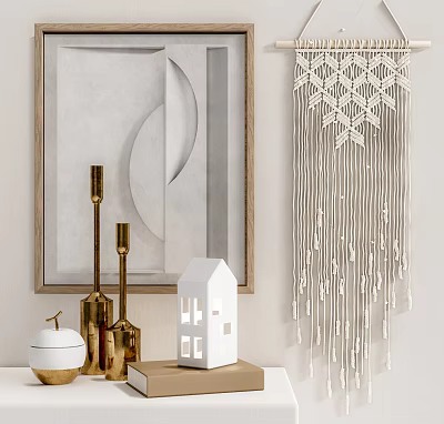 Ornamental Decorative Set With Geometric Wall Art Macramé Hanging And Gold Candle Holders 3d model