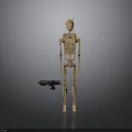 Detailed Wooden Humanoid Robot With Mechanical Structure Standing Next To Gun
