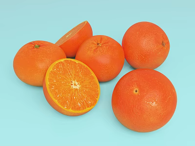Fresh Ripe Oranges With Sliced Open Showing Juicy Segments On Light Blue Background 3d model